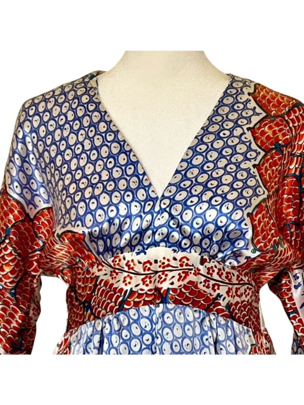 Single Dress 100% Silk Art-to-Wear Kimono Wrap Midi Dress Boho Print Sz S Resort - Picture 4 of 13
